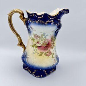 S. Fielding &‎ Company Pitcher Blue Rose Gold England 1891-1913 No Chips Antique